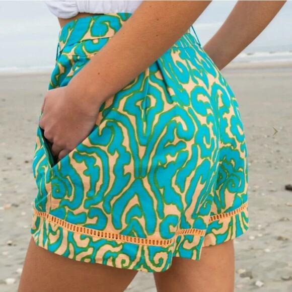Anna Cate Lizzie Short Teal Peach Block Print Belted Cotton Summer Women's Small - Picture 2 of 14
